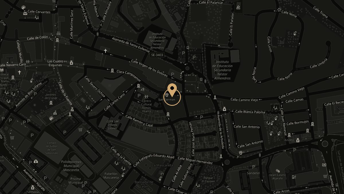Mapa de la zona con la barbería marcada en la calle Clara Campoamor, 76, Tomares